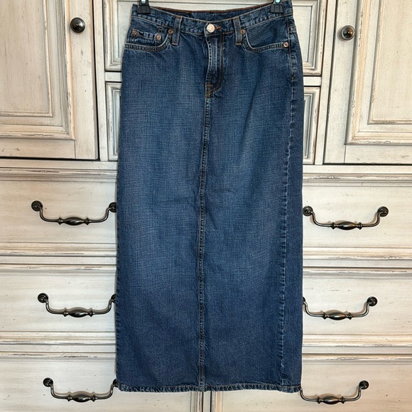 Lucky Brand Skirt Women 0  25 Blue Jean Denim Maxi Western Long Back Slit EUC - Picture 1 of 6